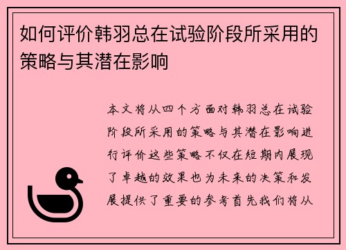 如何评价韩羽总在试验阶段所采用的策略与其潜在影响 如何评价韩羽总在试验阶段所采用的策略与其潜在影响