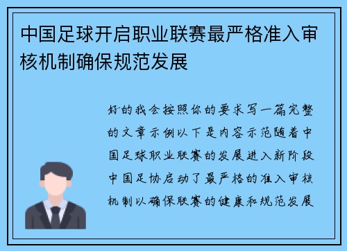 中国足球开启职业联赛最严格准入审核机制确保规范发展